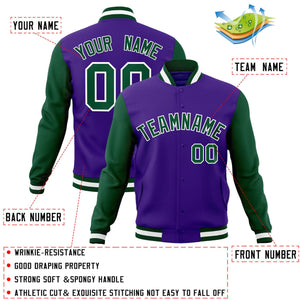 Custom Purple Green-White Raglan Sleeves Varsity Full-Snap Letterman Jacket