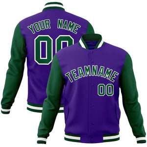 Custom Purple Green-White Raglan Sleeves Varsity Full-Snap Letterman Jacket