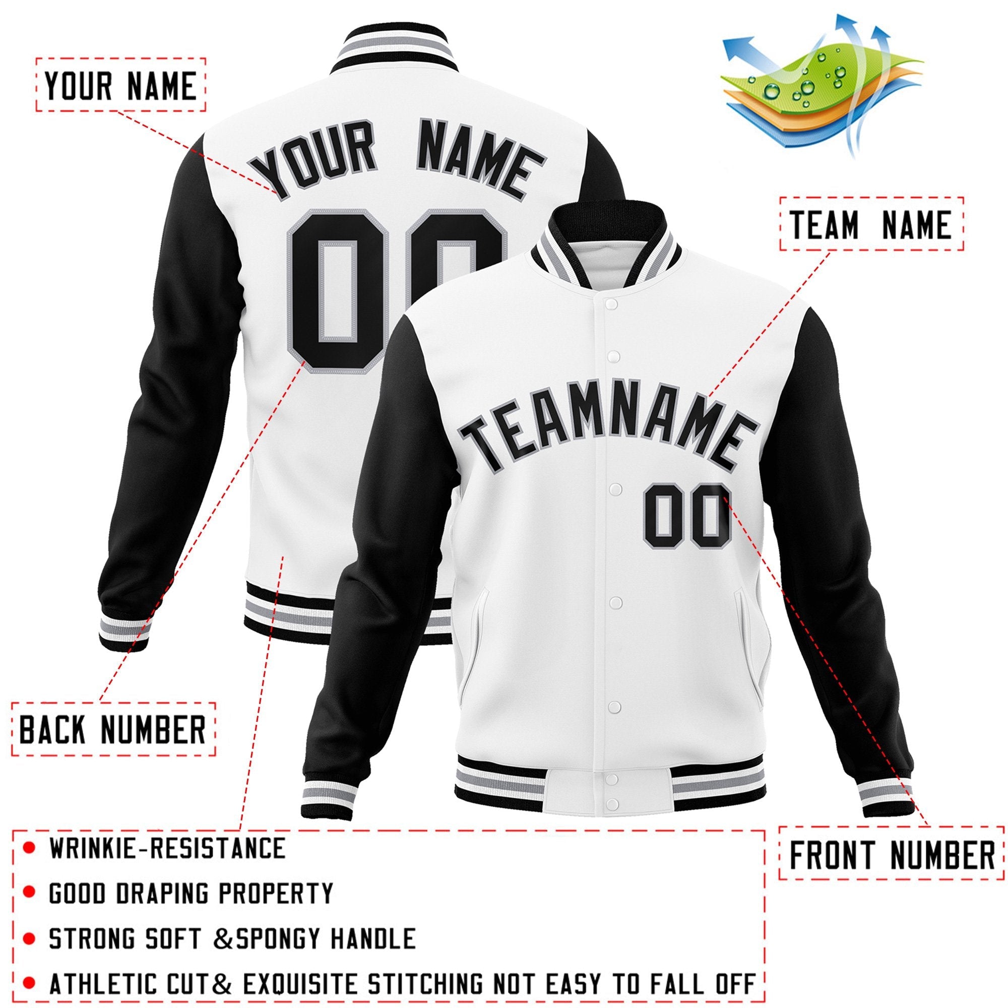 Custom White Black-Gray Raglan Sleeves Varsity Full-Snap Letterman Jacket