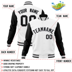 Custom White Black-Gray Raglan Sleeves Varsity Full-Snap Letterman Jacket