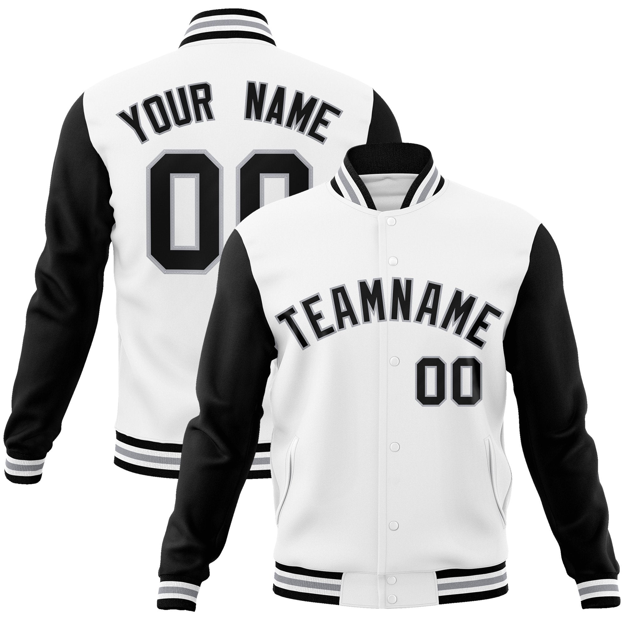 Custom White Black-Gray Raglan Sleeves Varsity Full-Snap Letterman Jacket