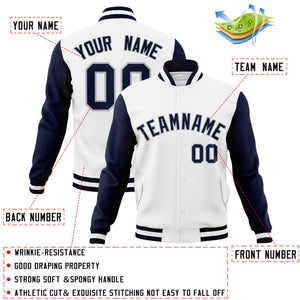 Custom White Navy-Gray Raglan Sleeves Varsity Full-Snap Letterman Jacket