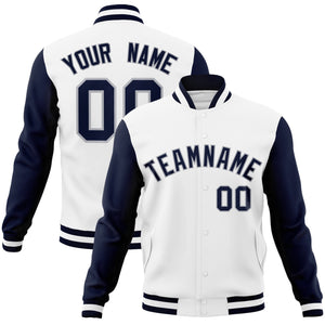 Custom White Navy-Gray Raglan Sleeves Varsity Full-Snap Letterman Jacket