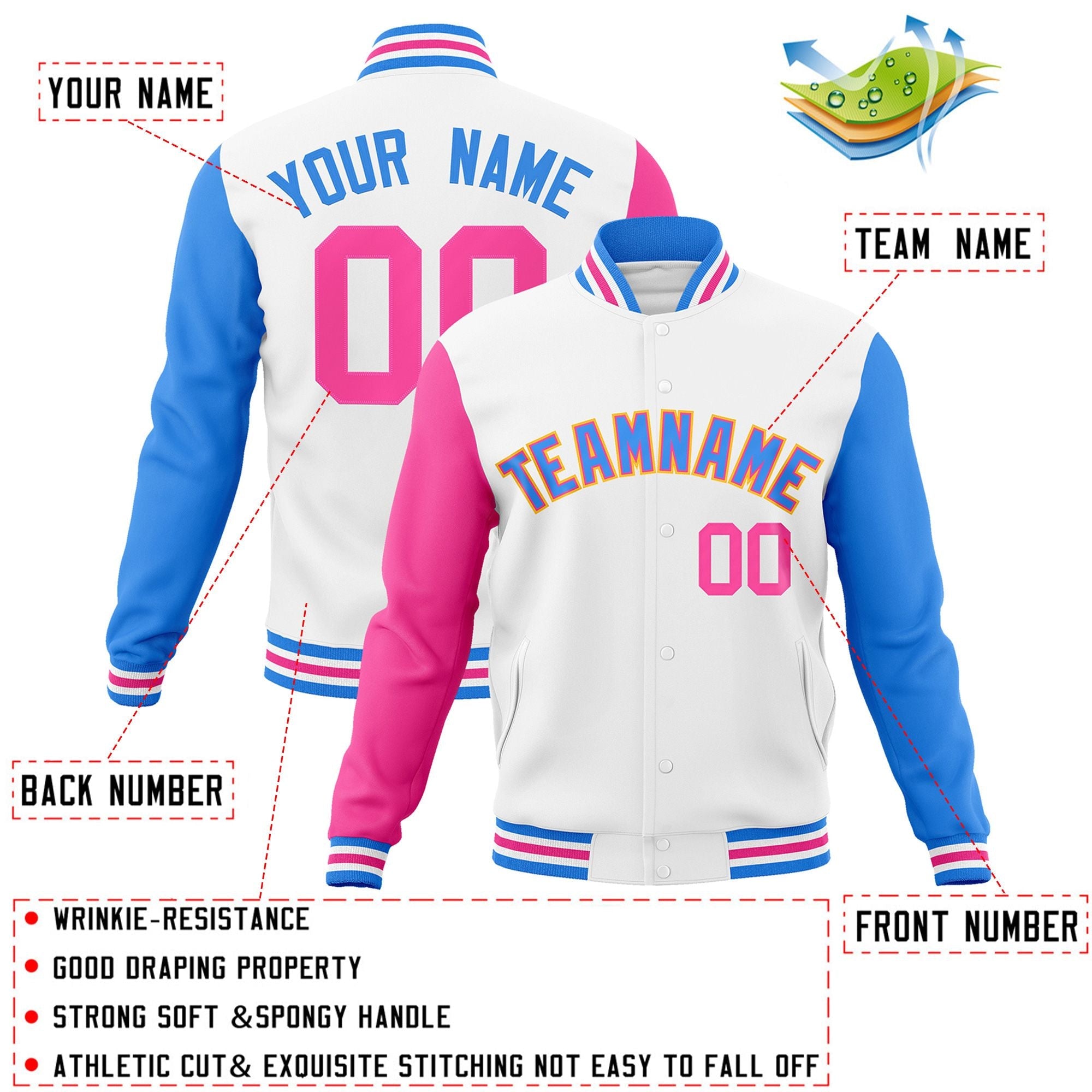 Custom White Powder Blue-Pink Raglan Sleeves Varsity Full-Snap Letterman Jacket