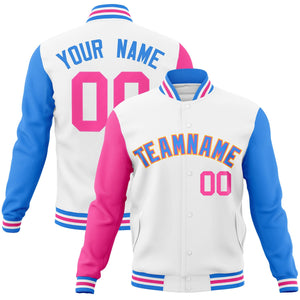 Custom White Powder Blue-Pink Raglan Sleeves Varsity Full-Snap Letterman Jacket