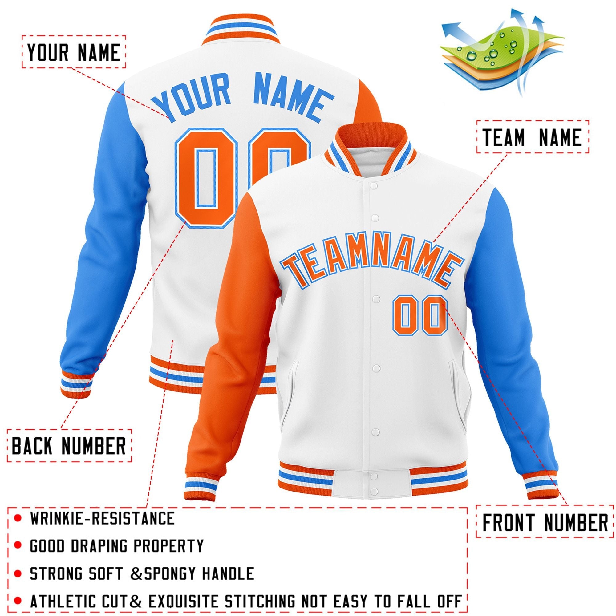 Veste Letterman Varsity Full-Snap à manches raglan blanc-orange-blanc personnalisée