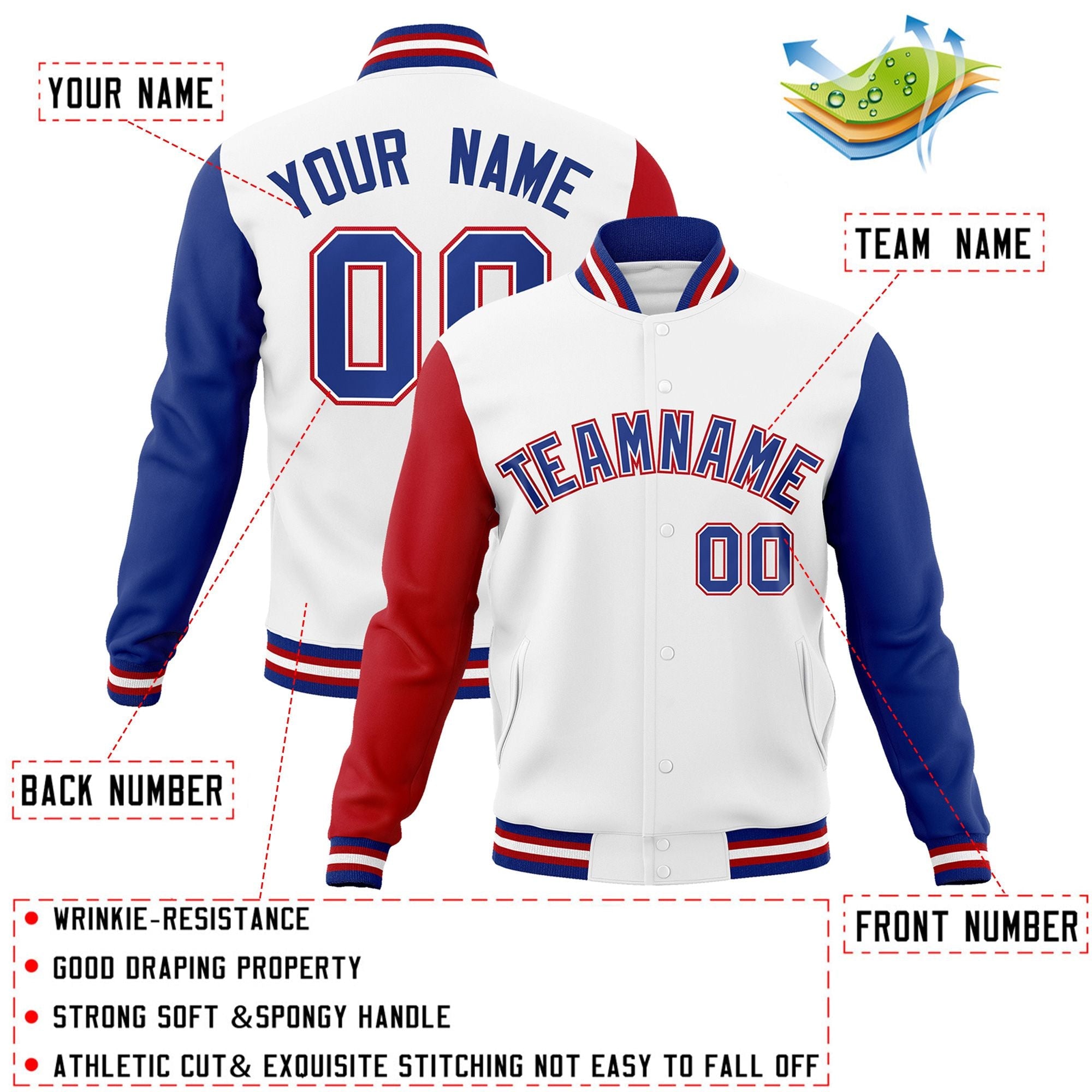 Veste Letterman Varsity Full-Snap à manches raglan blanc royal-blanc personnalisée