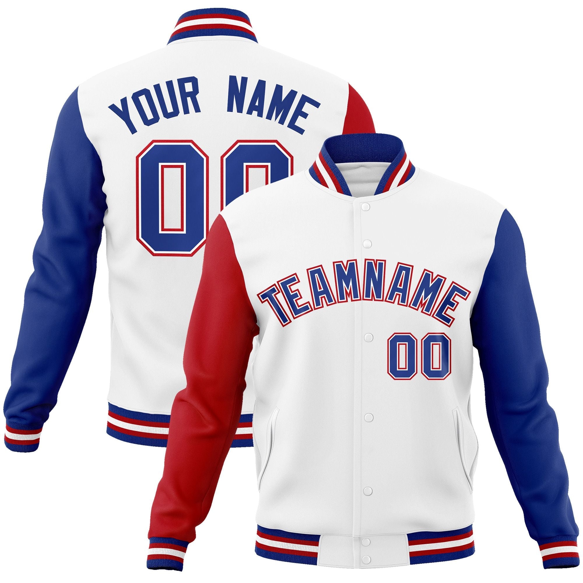 Custom White Royal-White Raglan Sleeves Varsity Full-Snap Letterman Jacket