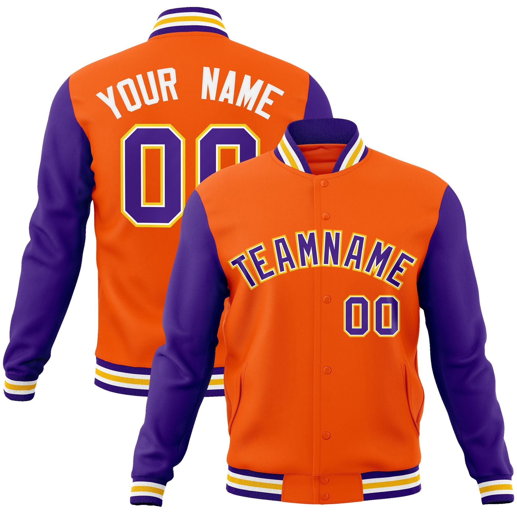 Custom Orange Purple-White Raglan Sleeves Varsity Full-Snap Letterman Jacket