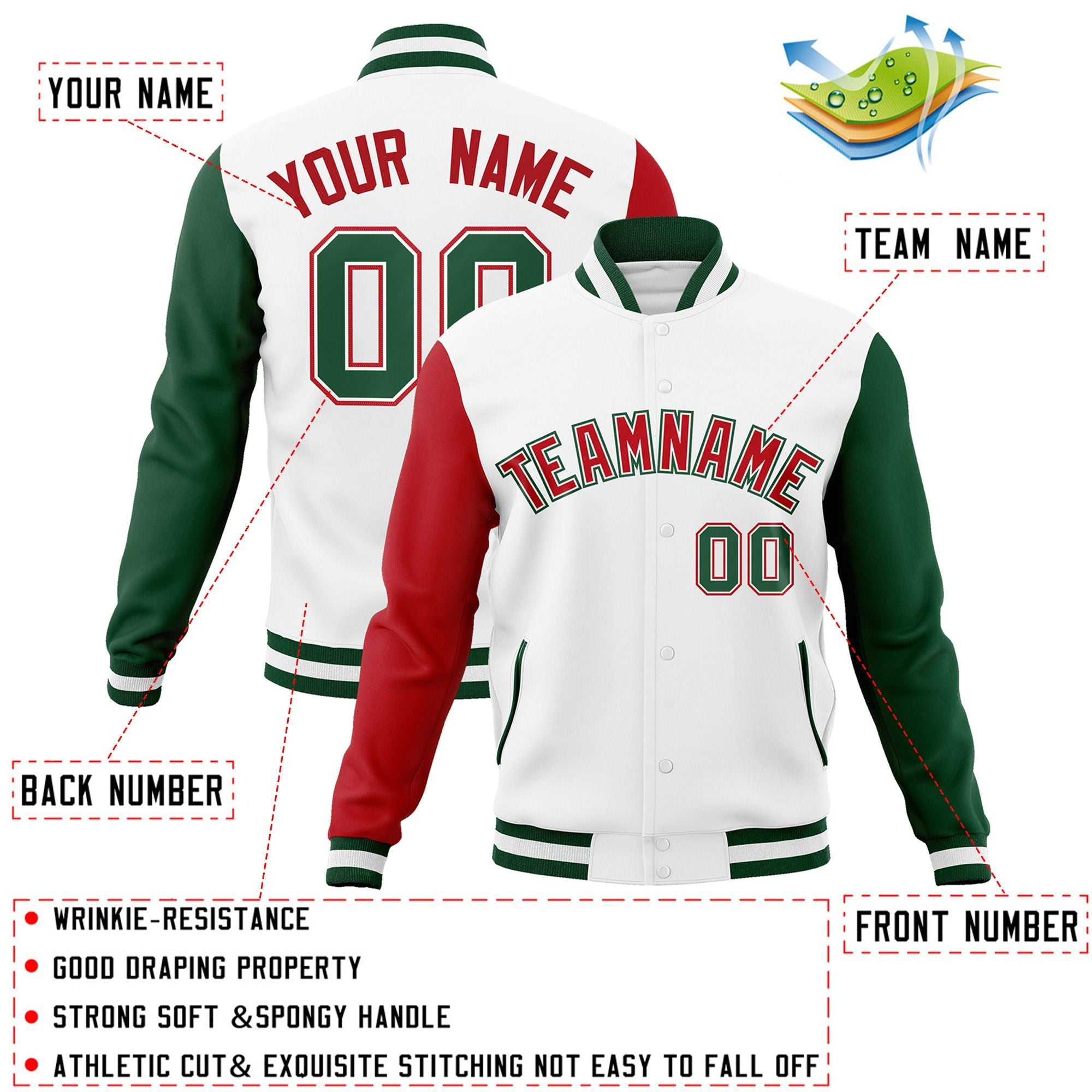 Custom White Red-White Raglan Sleeves Varsity Full-Snap Letterman Jacket