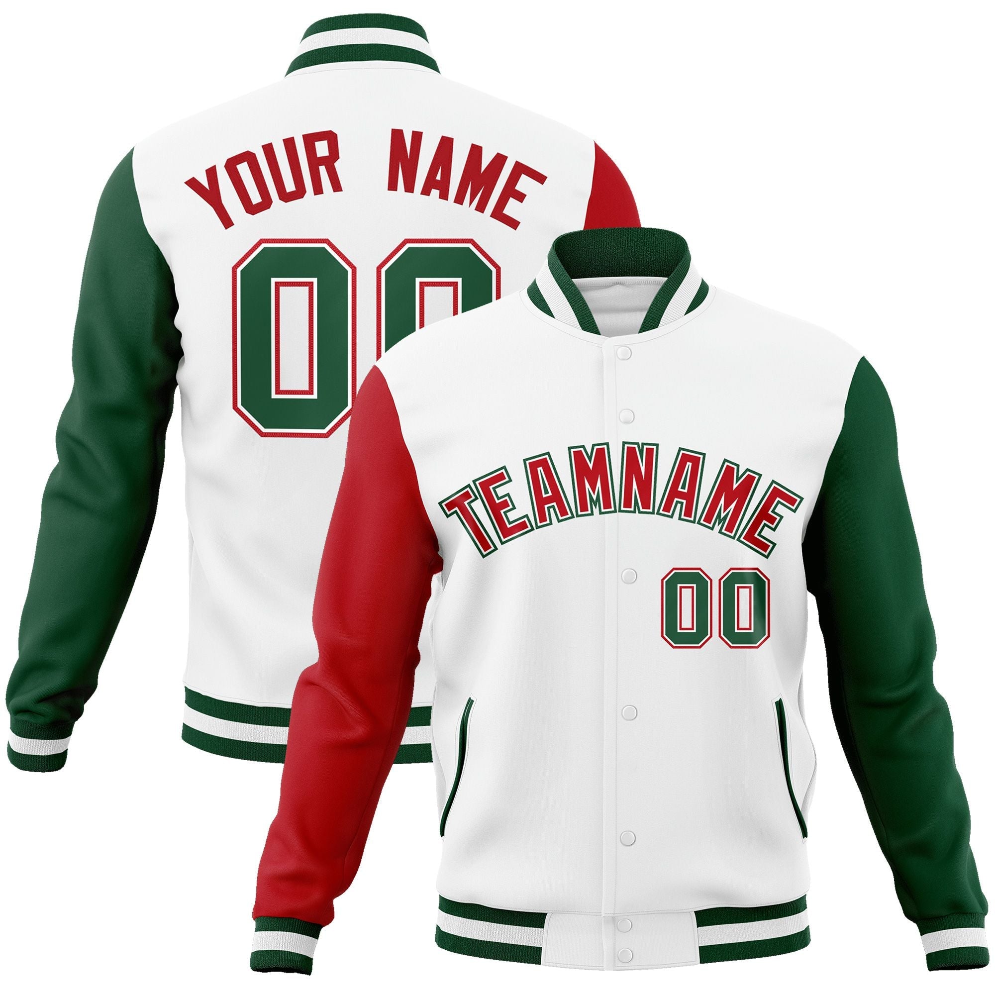 Custom White Red-White Raglan Sleeves Varsity Full-Snap Letterman Jacket