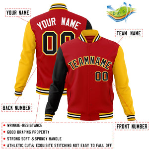 Veste Letterman Varsity Full-Snap à manches raglan rouge noir-blanc personnalisée