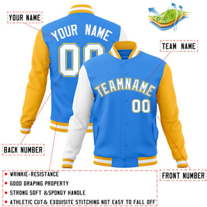 Custom Powder Blue White-Powder Blue Raglan Sleeves Varsity Full-Snap Letterman Jacket