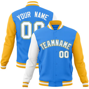 Custom Powder Blue White-Powder Blue Raglan Sleeves Varsity Full-Snap Letterman Jacket