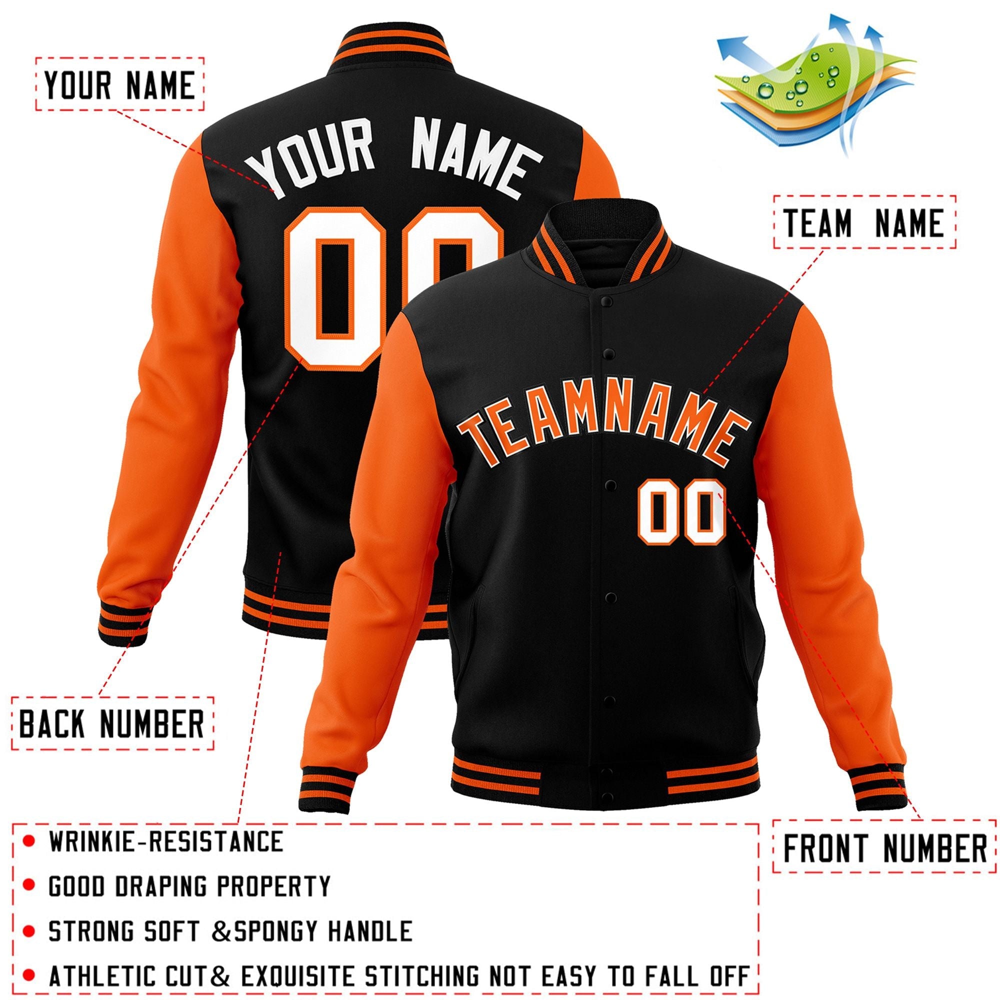 Custom Black Orange-White Raglan Sleeves Varsity Full-Snap Letterman Jacket