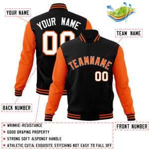 Veste Letterman Varsity Full-Snap personnalisée à manches raglan noir orange-blanc