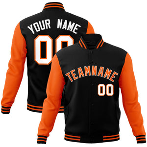 Custom Black Orange-White Raglan Sleeves Varsity Full-Snap Letterman Jacket