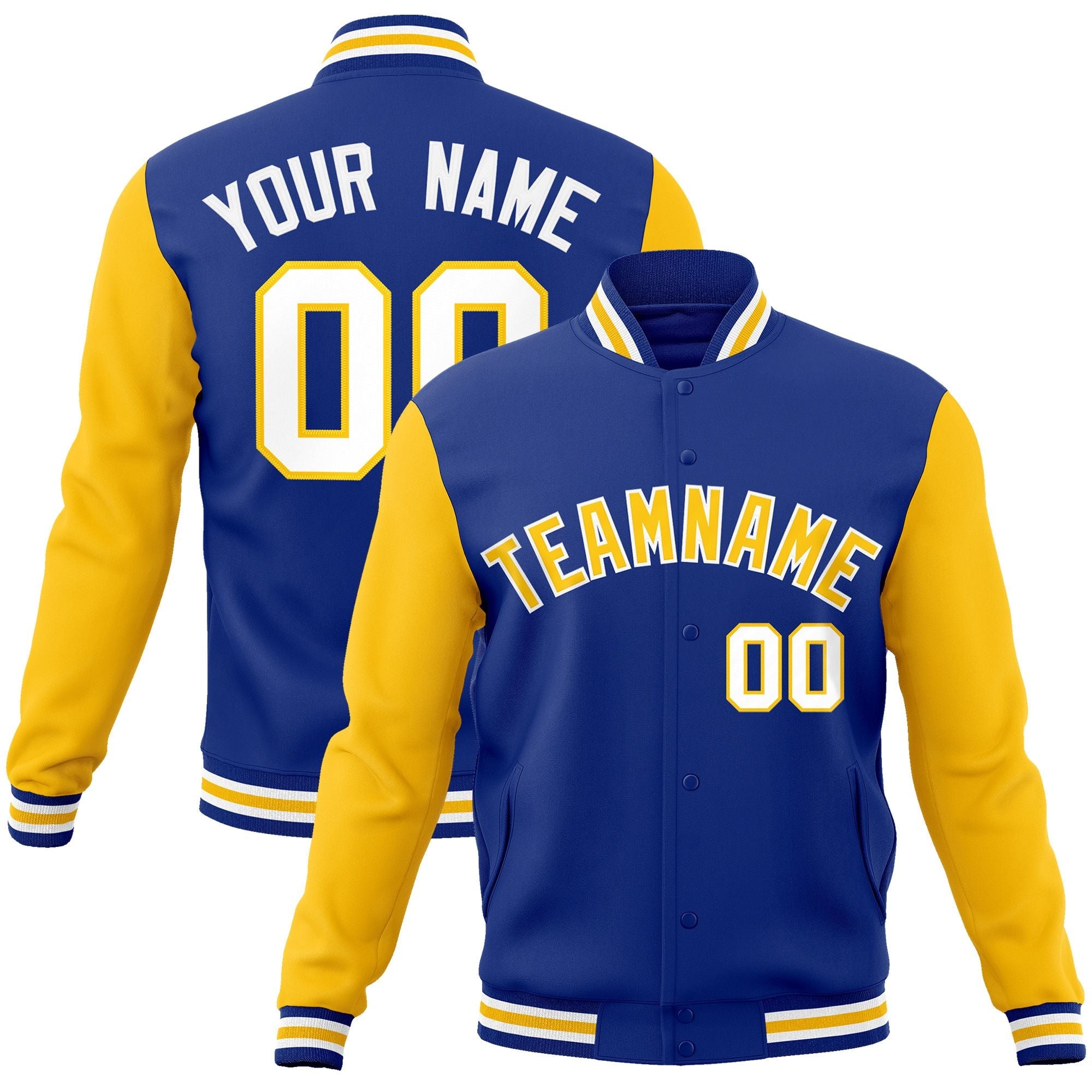 Custom Royal Gold-White Raglan Sleeves Varsity Full-Snap Letterman Jacket