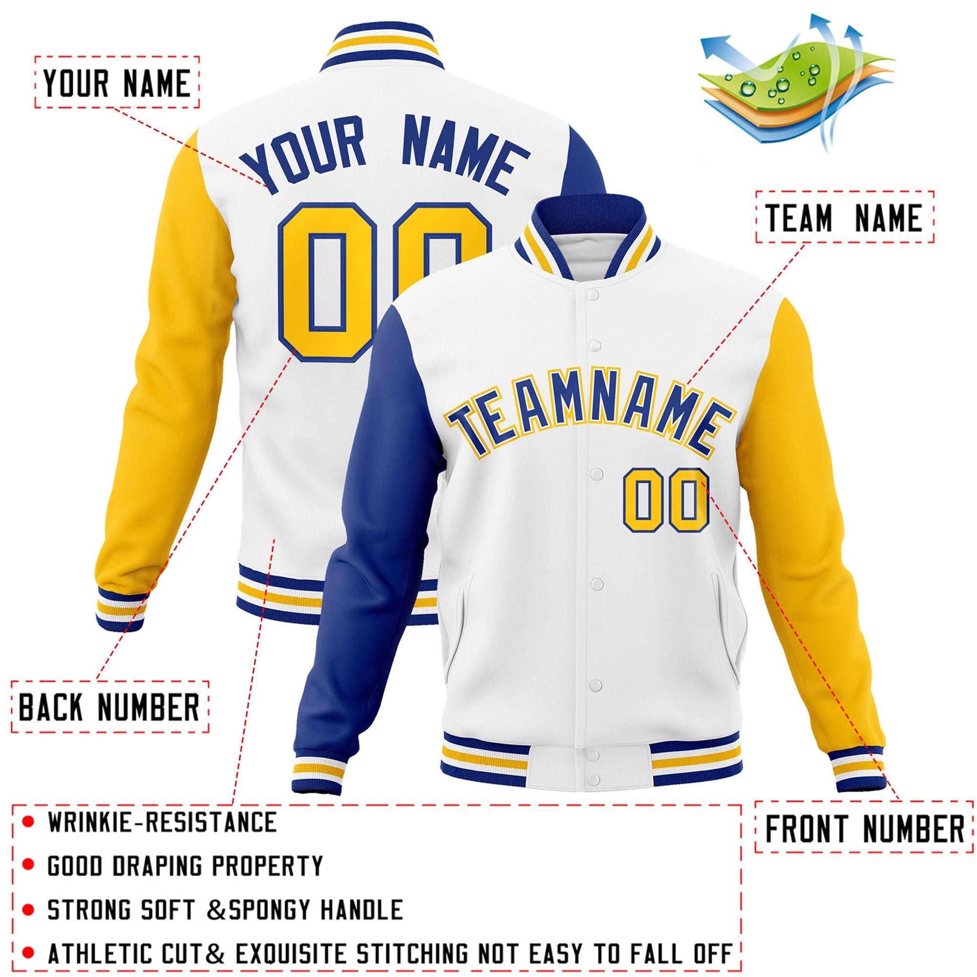 Custom White Royal-White Raglan Sleeves Varsity Full-Snap Letterman Jacket