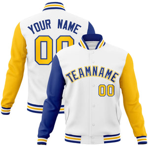 Custom White Royal-White Raglan Sleeves Varsity Full-Snap Letterman Jacket