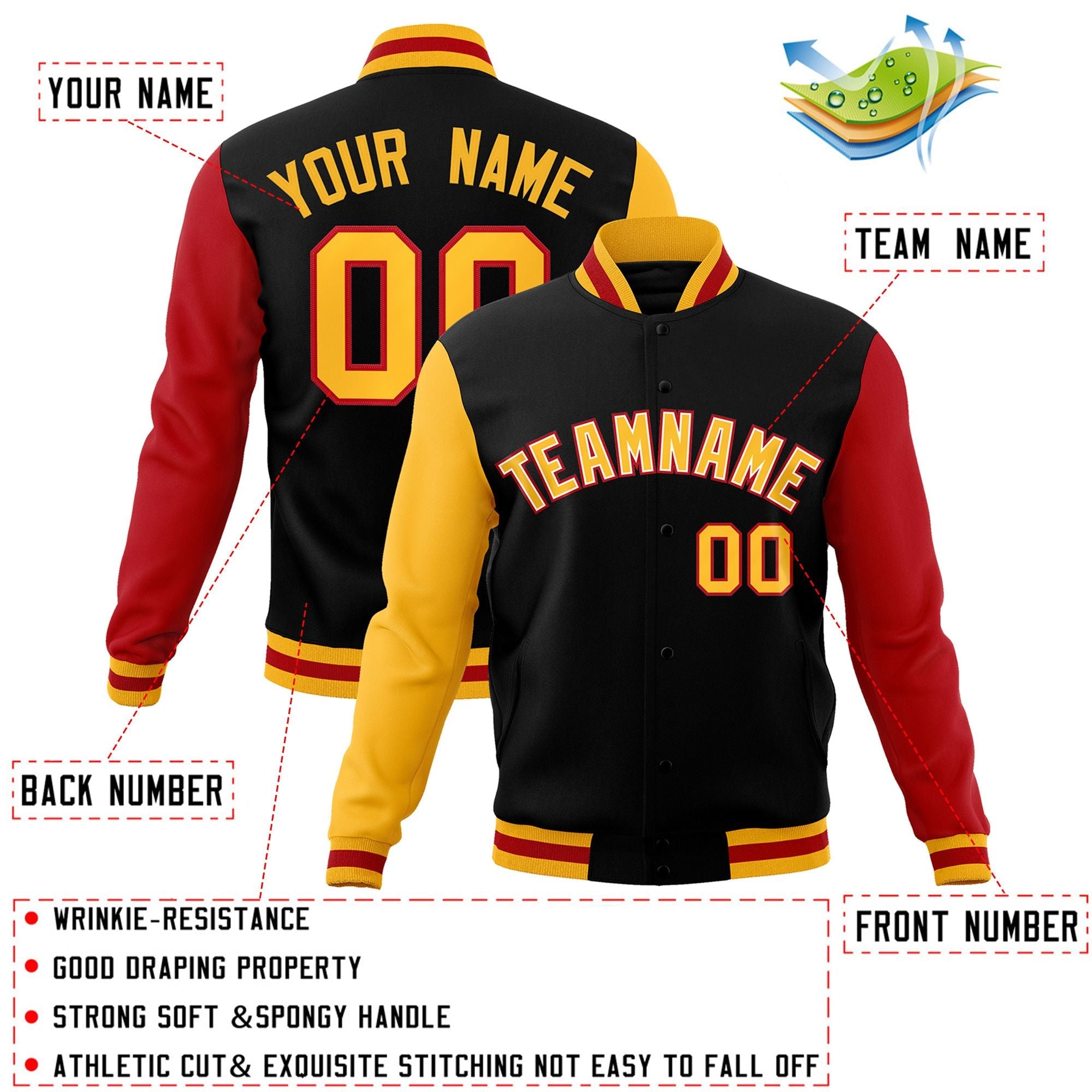 Custom Black Gold-White Raglan Sleeves Varsity Full-Snap Letterman Jacket