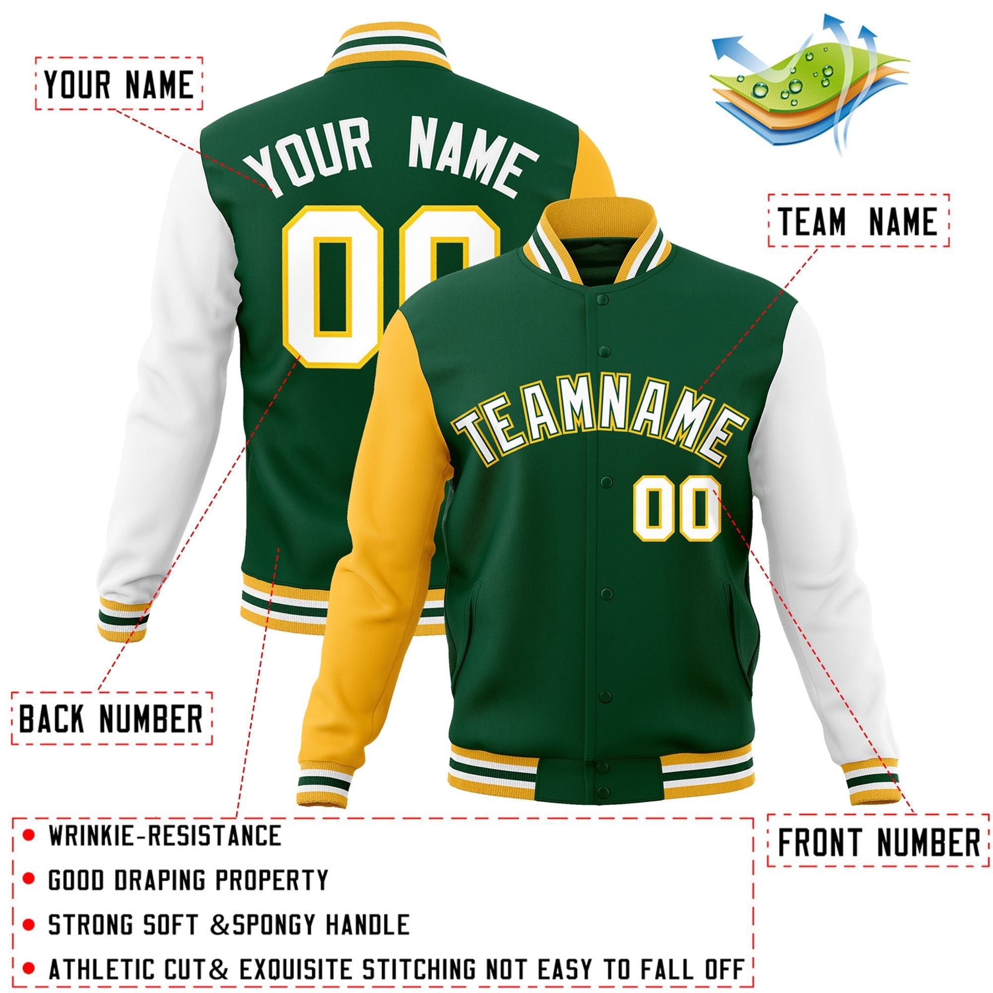 Veste Letterman Varsity Full-Snap à manches raglan personnalisées vert blanc-vert