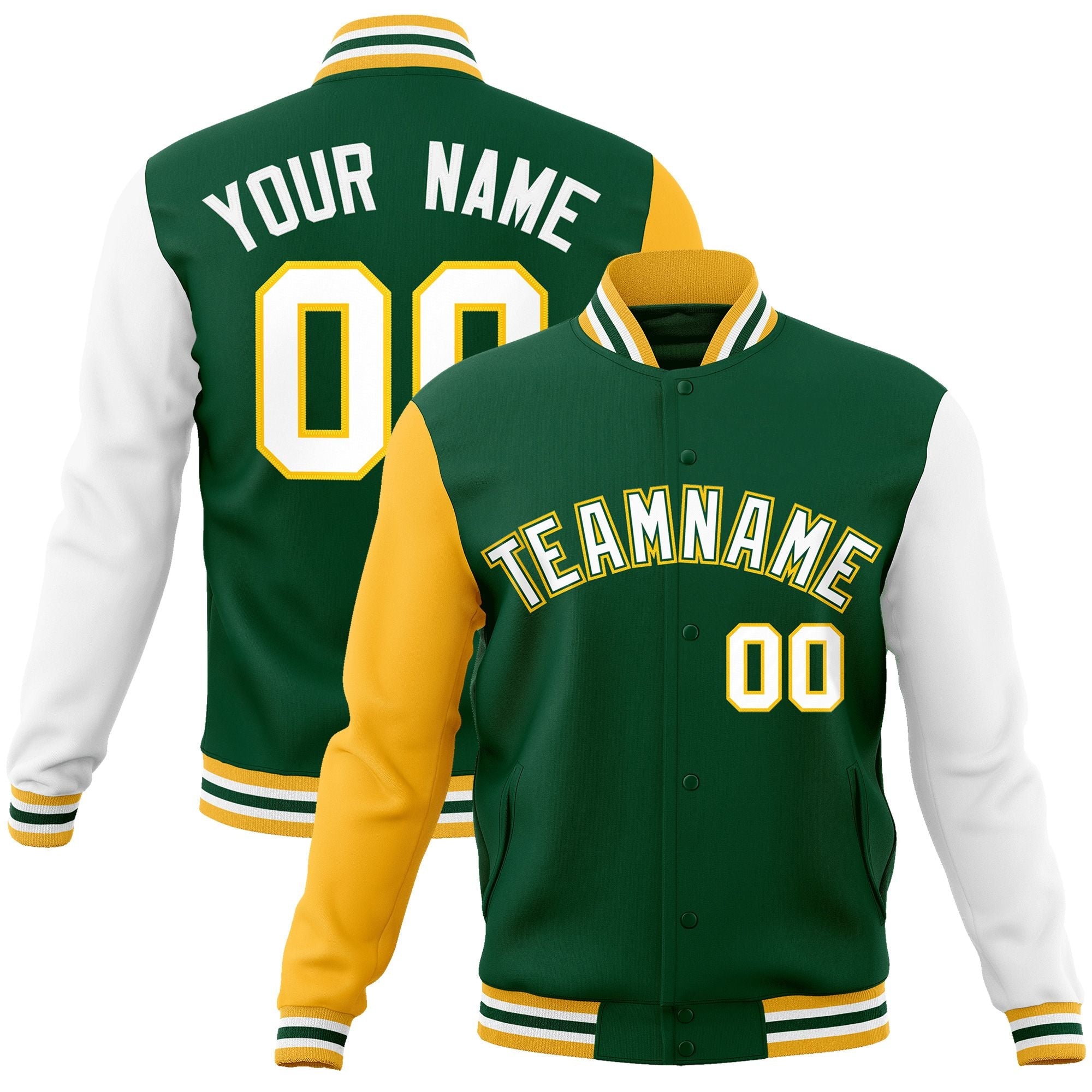 Custom Green White-Green Raglan Sleeves Varsity Full-Snap Letterman Jacket