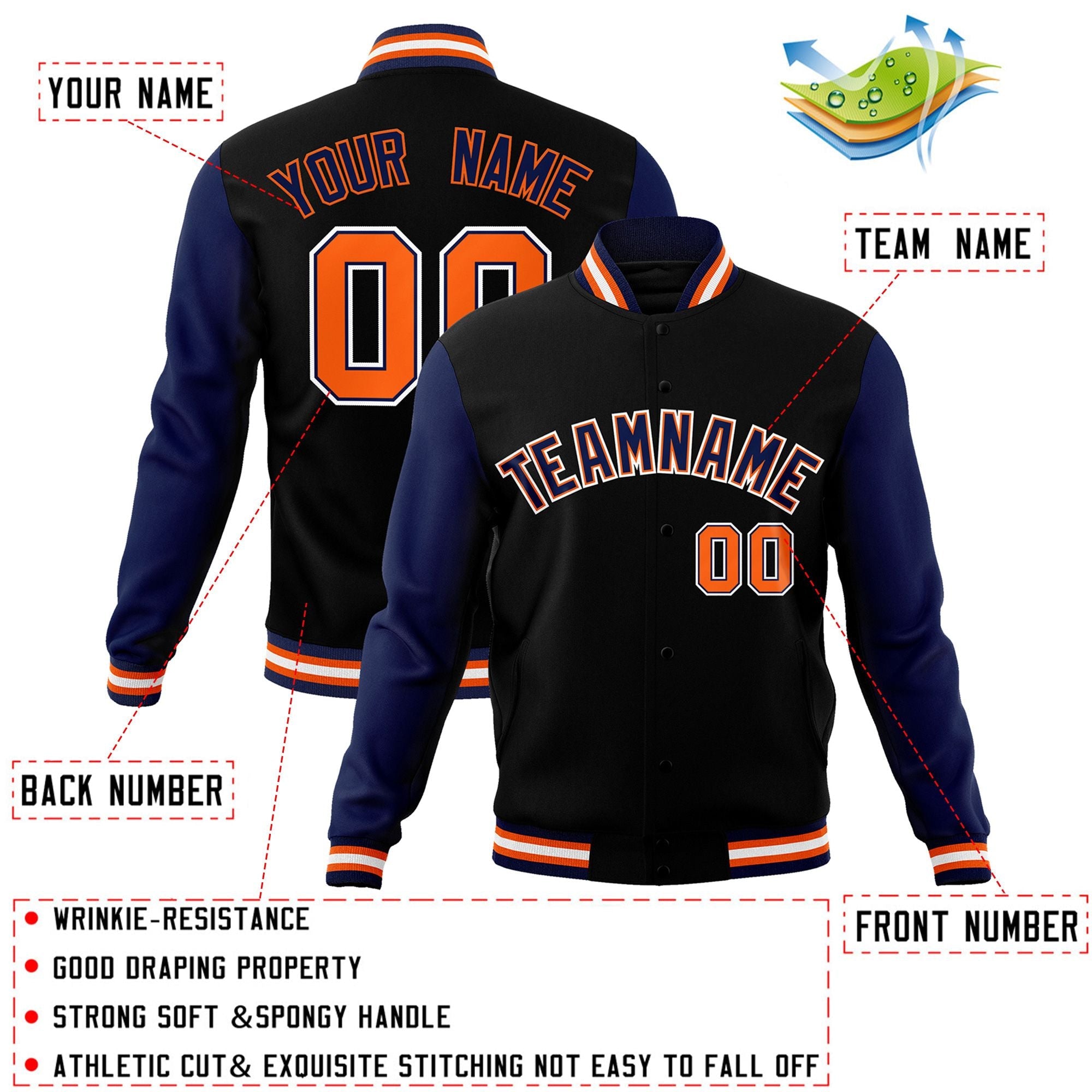 Custom Black Navy-Orange Raglan Sleeves Varsity Full-Snap Letterman Jacket