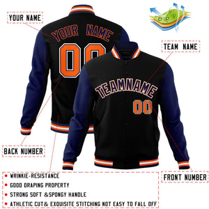 Veste Letterman Varsity à manches raglan noires et orange personnalisées