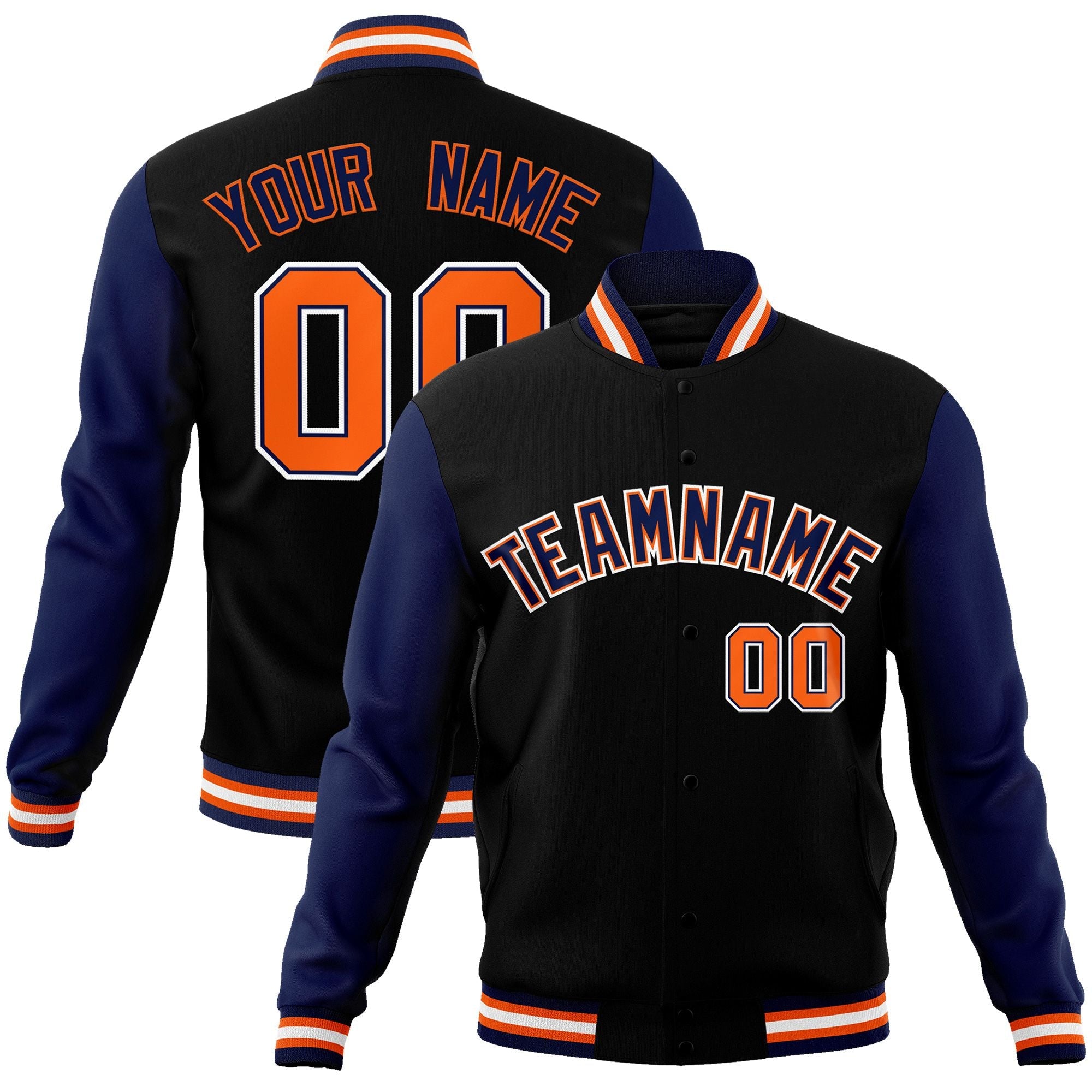 Custom Black Navy-Orange Raglan Sleeves Varsity Full-Snap Letterman Jacket