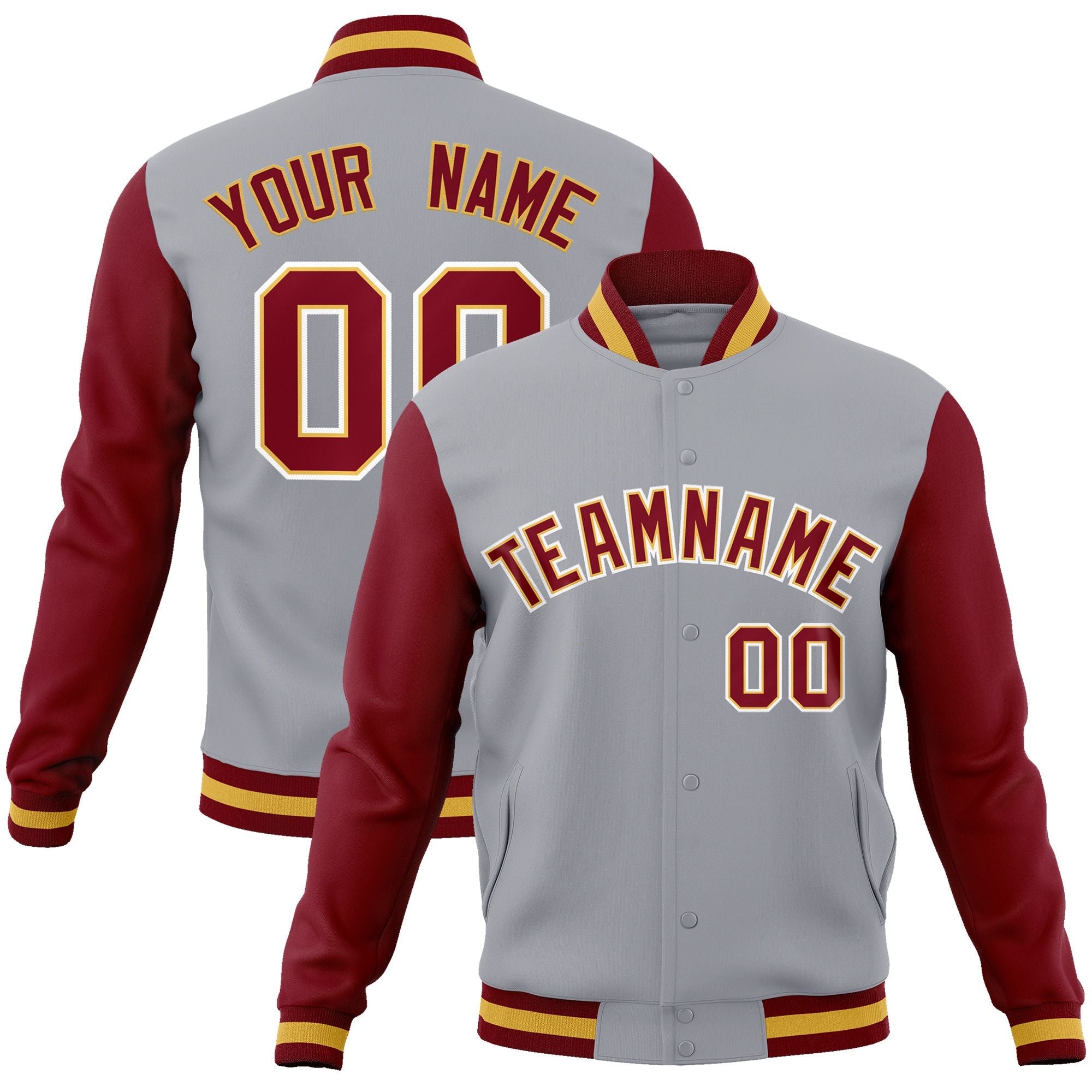 Custom Gray Crimson-Khaki Raglan Sleeves Varsity Full-Snap Letterman Jacket