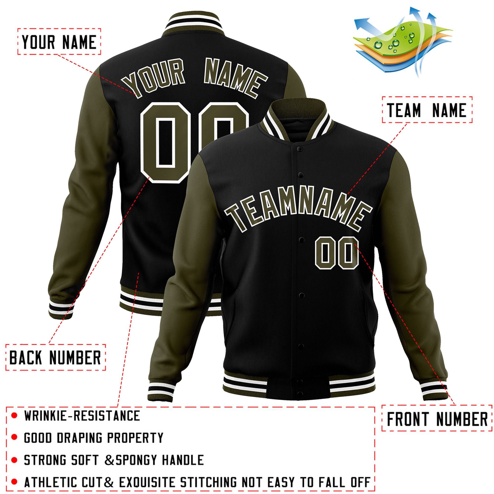 Custom Black Olive-White Raglan Sleeves Varsity Full-Snap Letterman Jacket