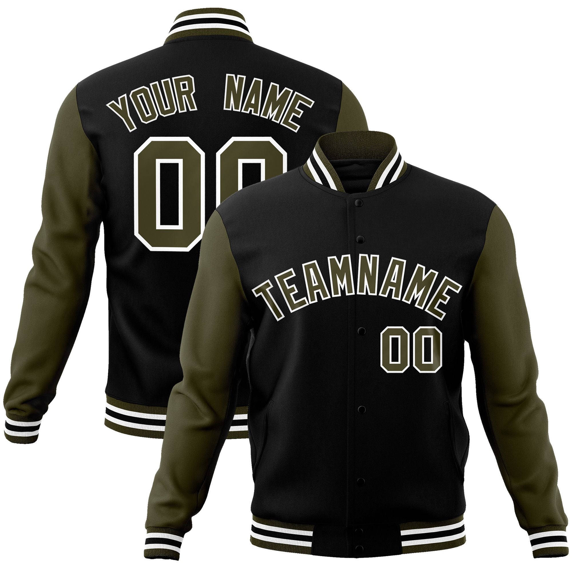 Custom Black Olive-White Raglan Sleeves Varsity Full-Snap Letterman Jacket