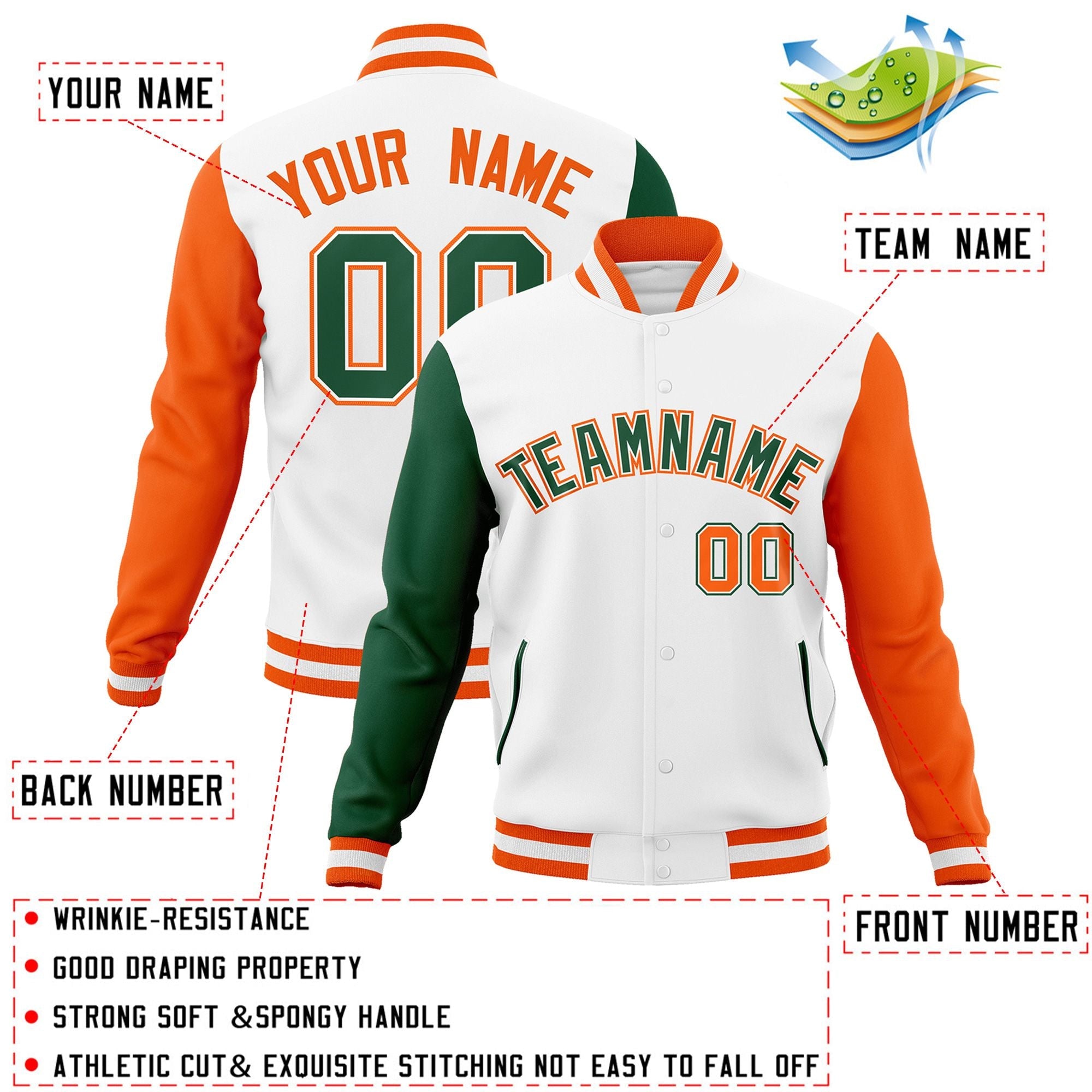 Custom White Green-White Raglan Sleeves Varsity Full-Snap Letterman Jacket