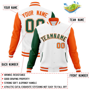 Custom White Green-White Raglan Sleeves Varsity Full-Snap Letterman Jacket