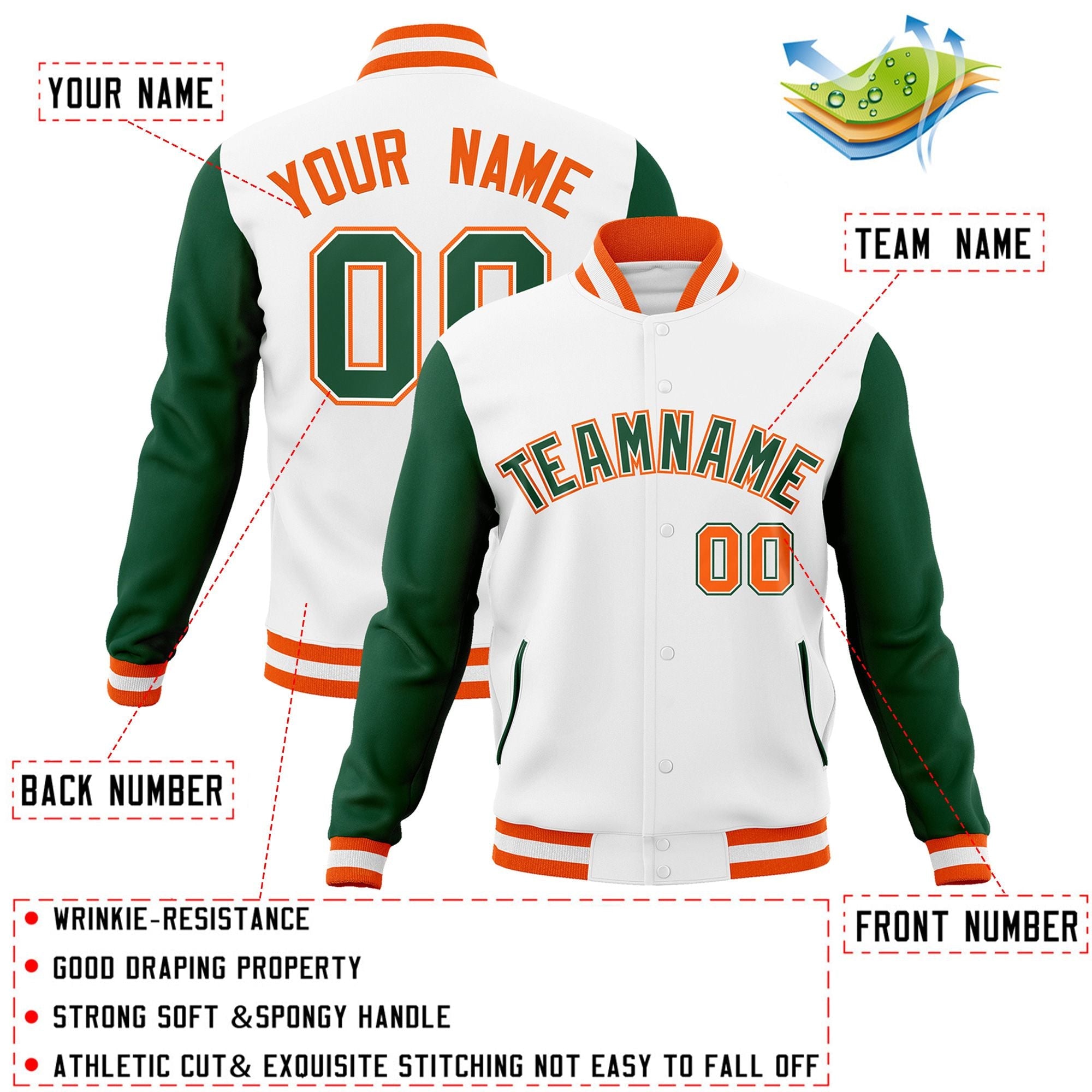 Custom White Green-White Raglan Sleeves Varsity Full-Snap Letterman Jacket