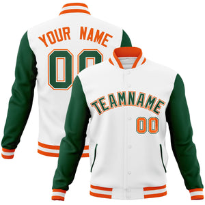 Custom White Green-White Raglan Sleeves Varsity Full-Snap Letterman Jacket