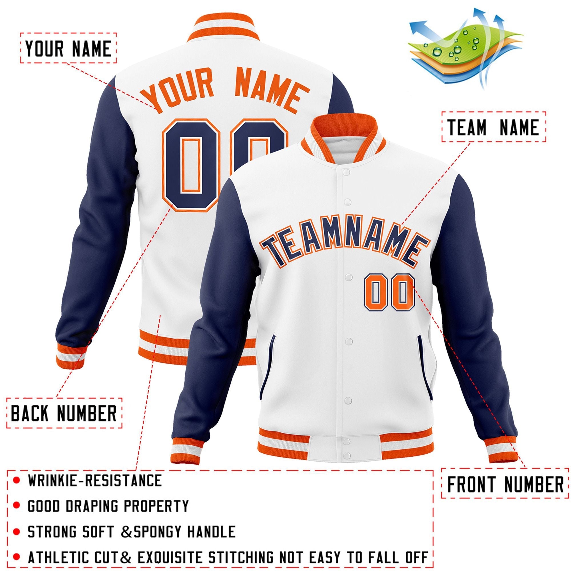 Custom White Navy-White Raglan Sleeves Varsity Full-Snap Letterman Jacket