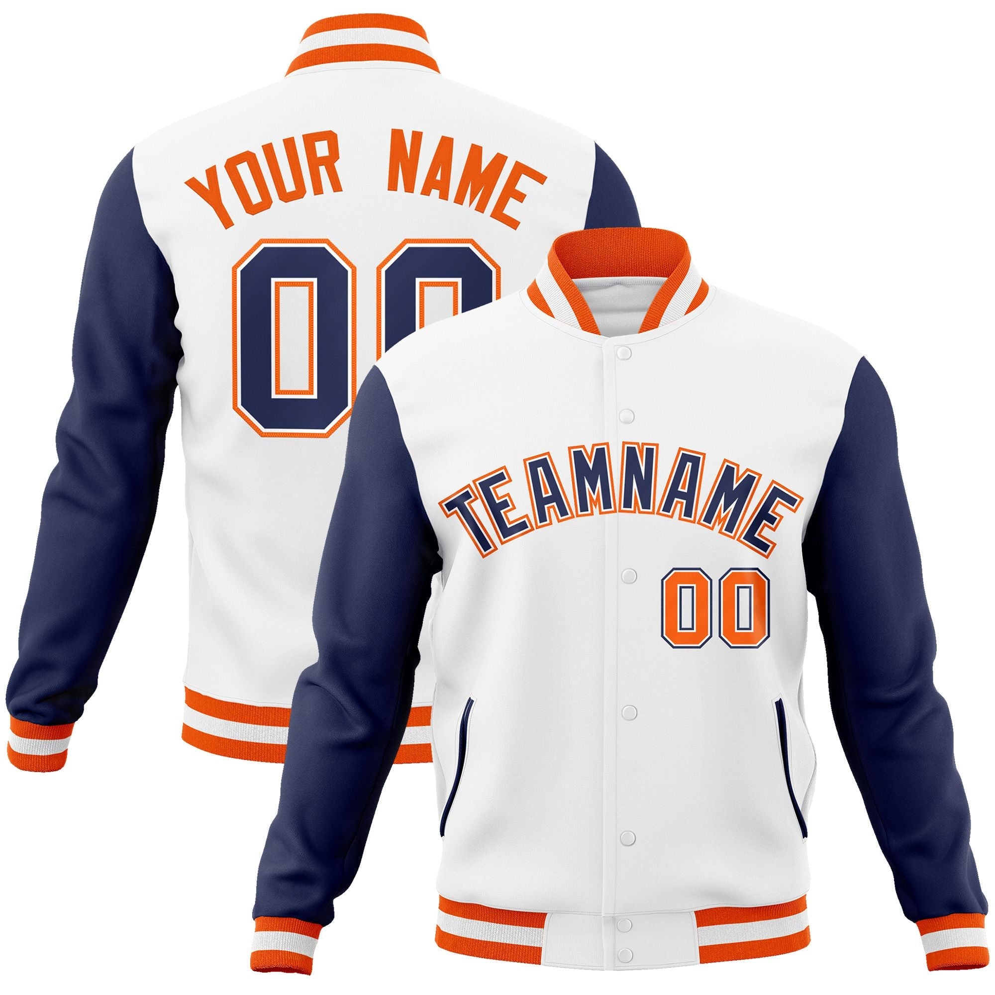 Custom White Navy-White Raglan Sleeves Varsity Full-Snap Letterman Jacket