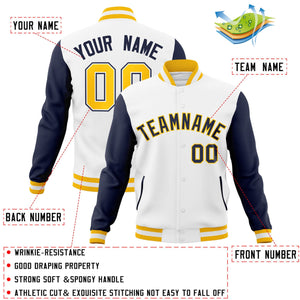 Veste Letterman Varsity à manches raglan blanches et dorées personnalisées