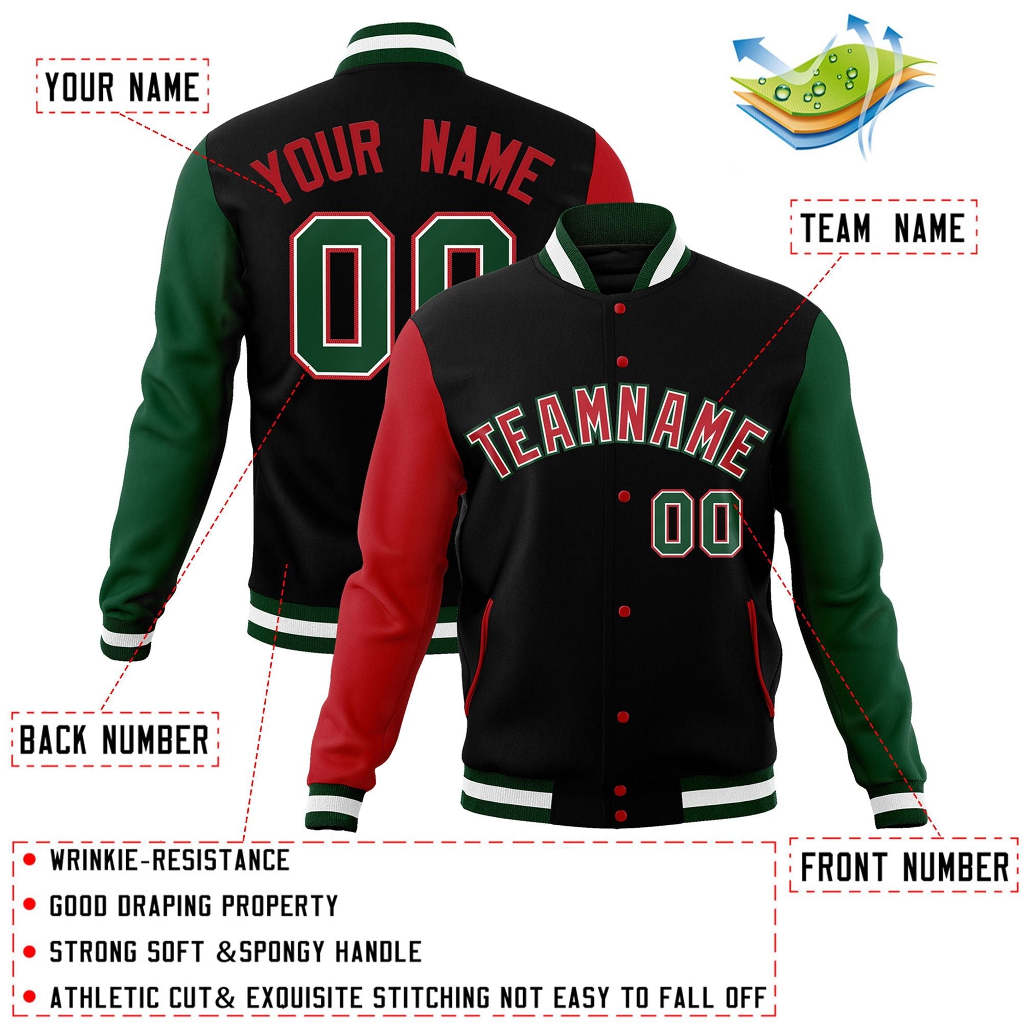 Custom Black Red-White Raglan Sleeves Varsity Full-Snap Letterman Jacket