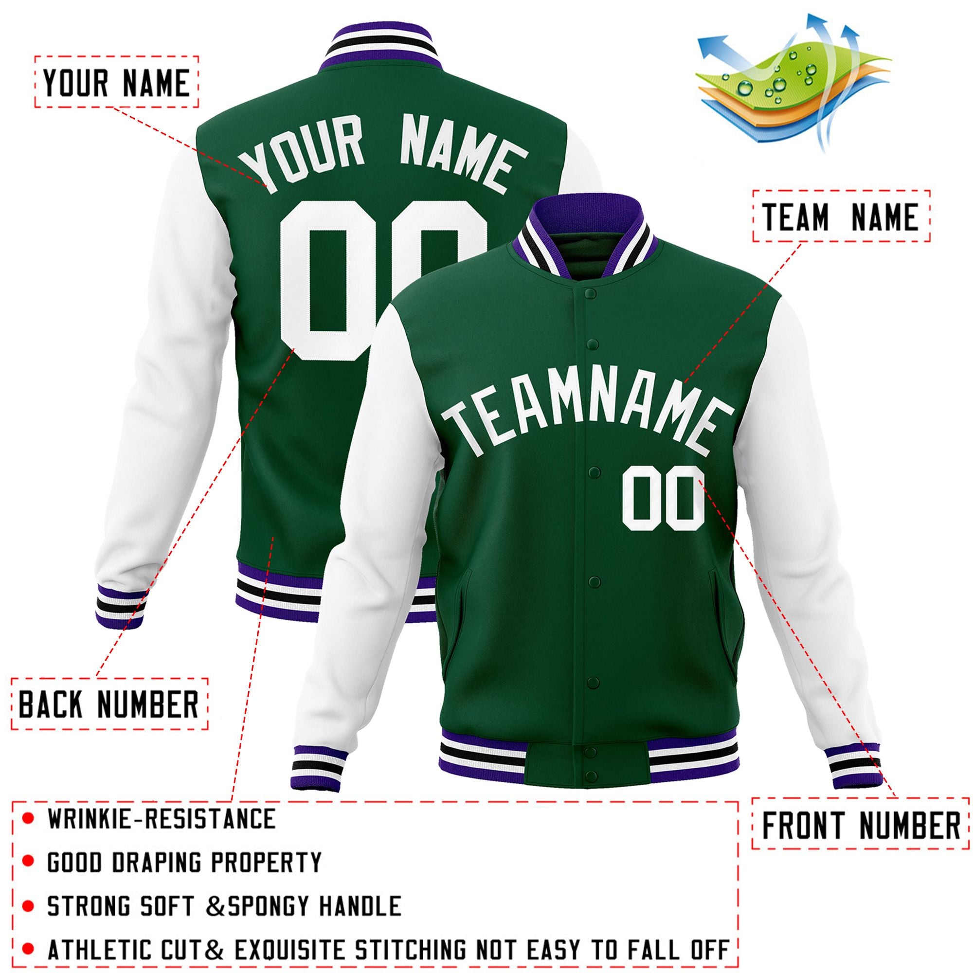 Custom Green White Raglan Sleeves Varsity Full-Snap Letterman Jacket