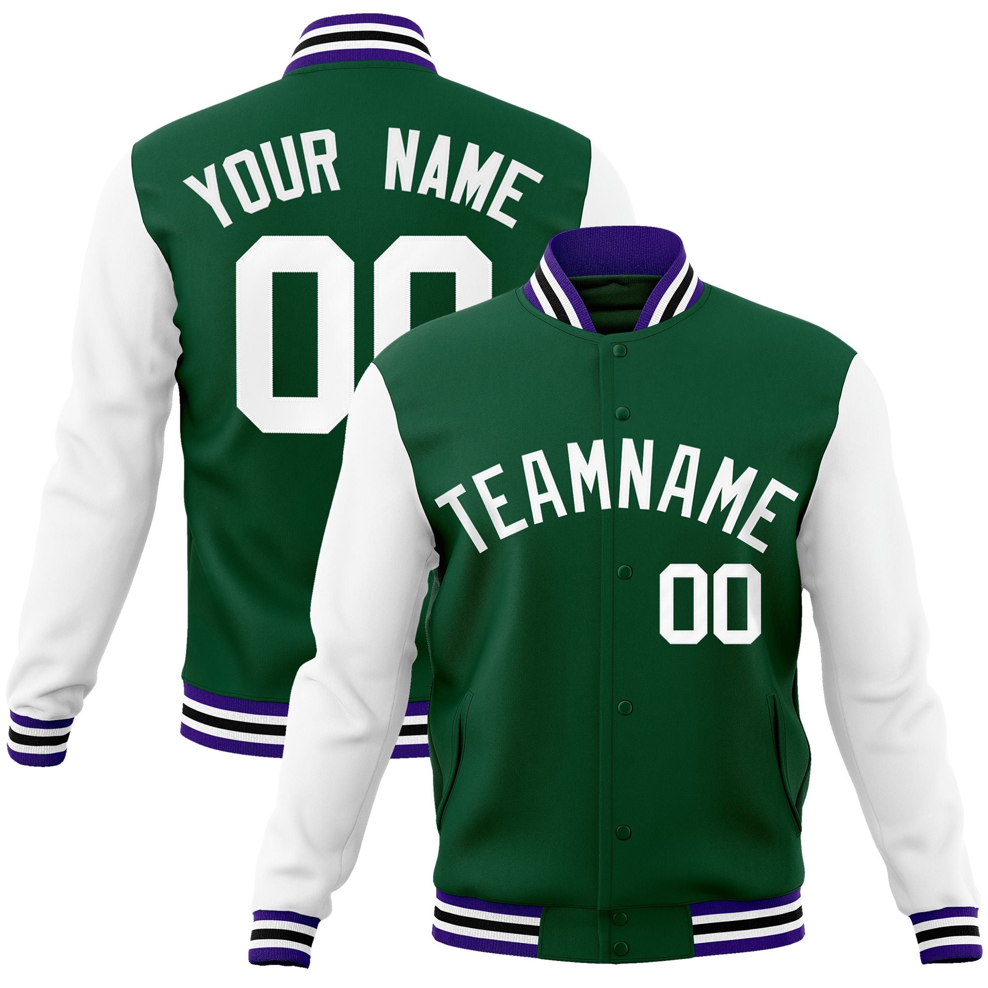 Custom Green White Raglan Sleeves Varsity Full-Snap Letterman Jacket