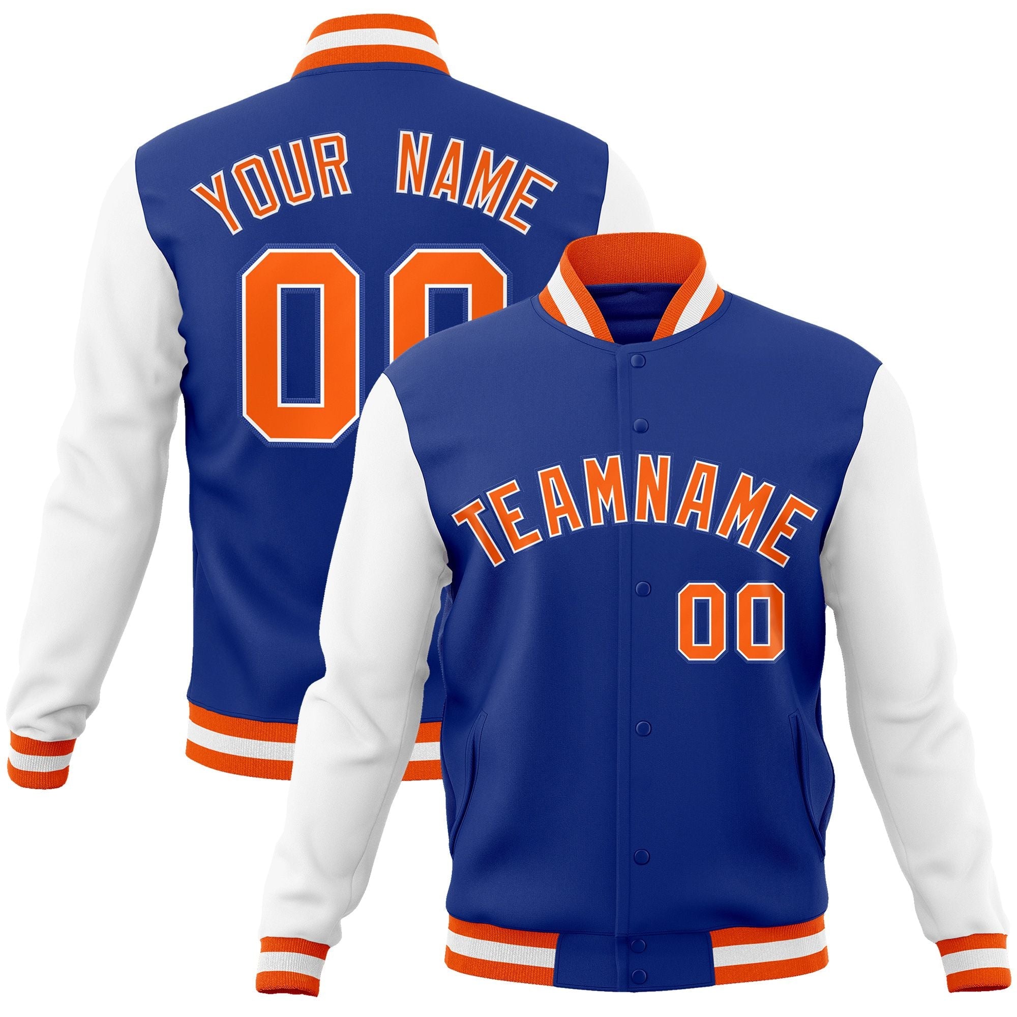 Custom Royal Orange-White Raglan Sleeves Varsity Full-Snap Letterman Jacket