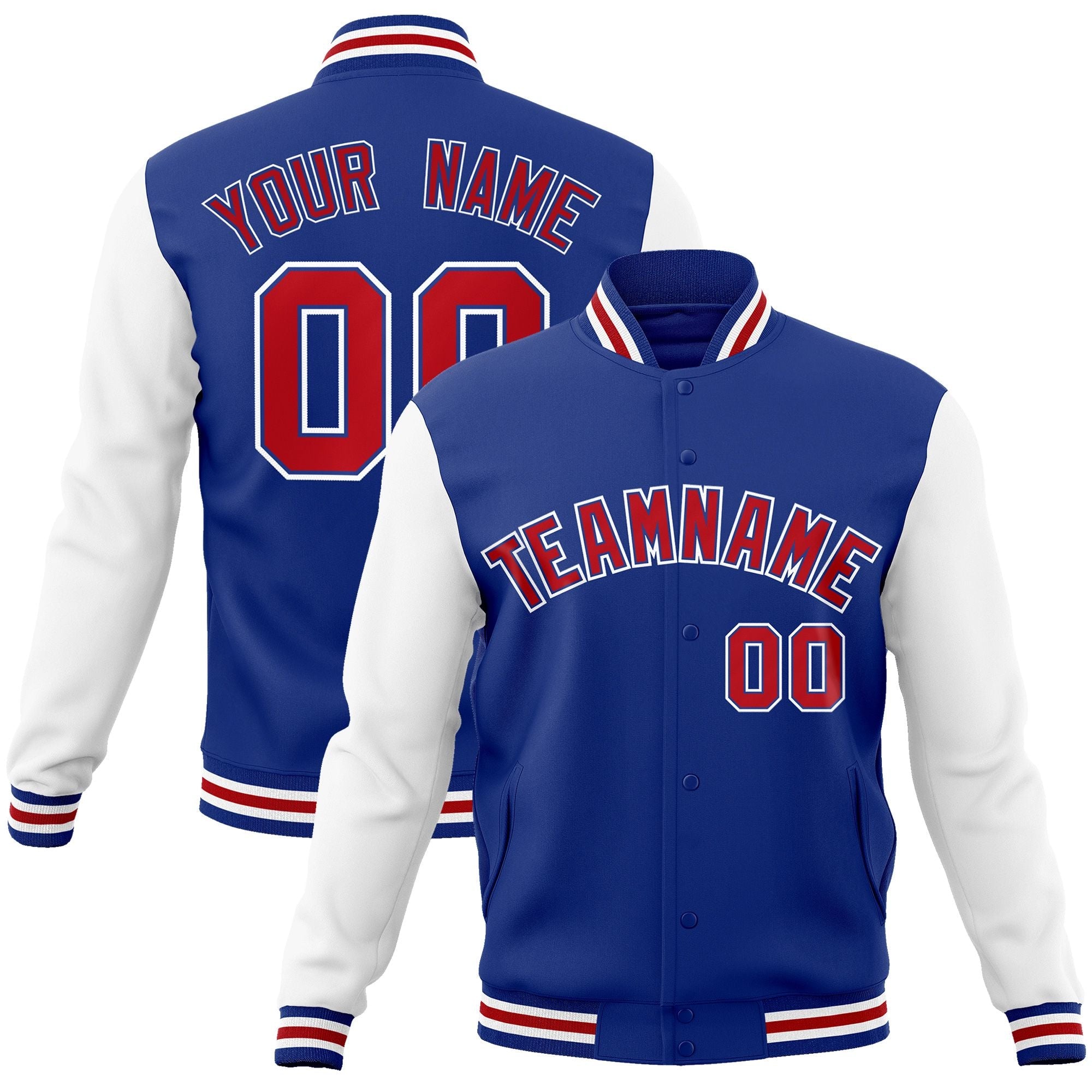 Custom Royal Red-Royal Raglan Sleeves Varsity Full-Snap Letterman Jacket