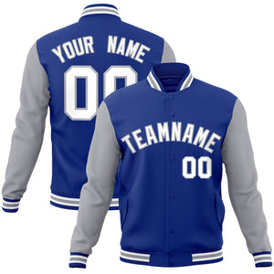 Custom Royal White-Gray Raglan Sleeves Varsity Full-Snap Letterman Jacket