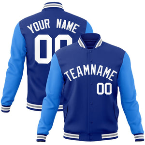 Custom Royal White Raglan Sleeves Varsity Full-Snap Letterman Jacket