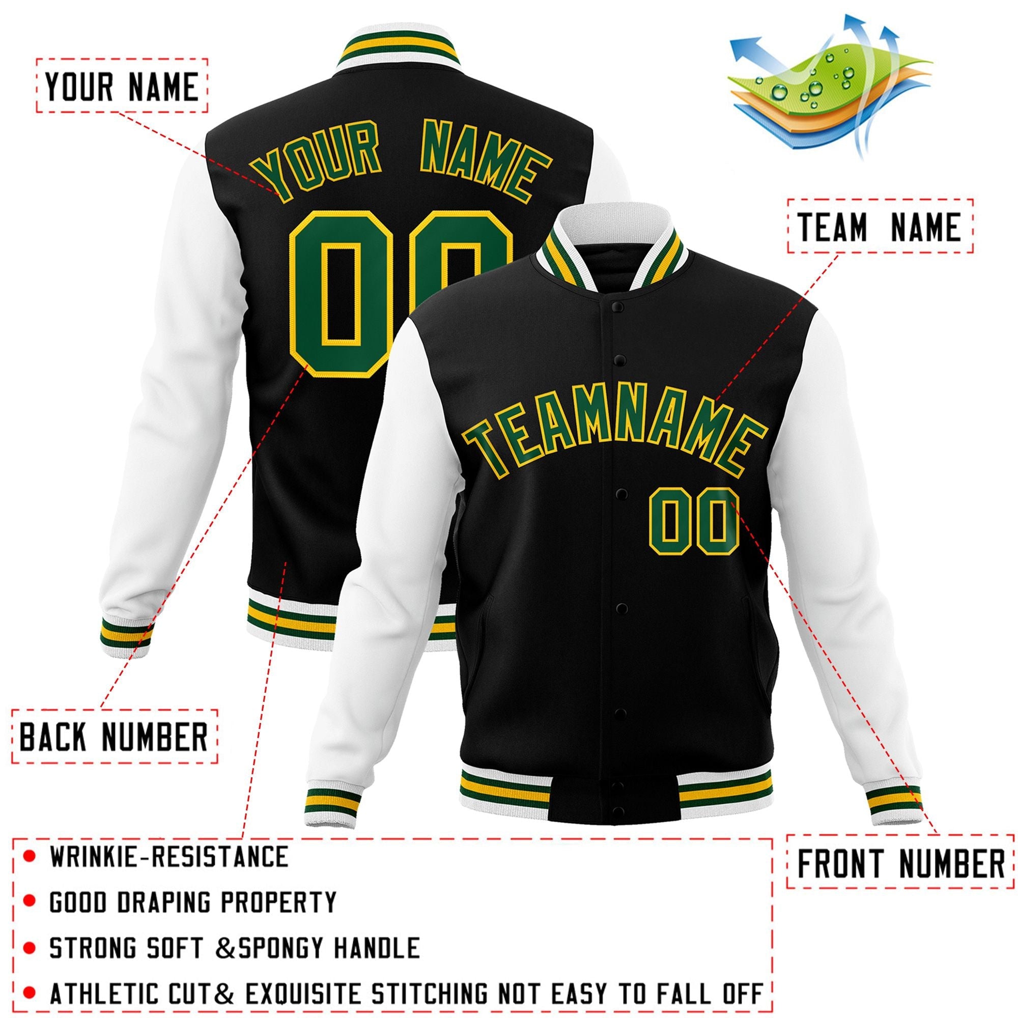 Custom Black Green-Gold Raglan Sleeves Varsity Full-Snap Letterman Jacket