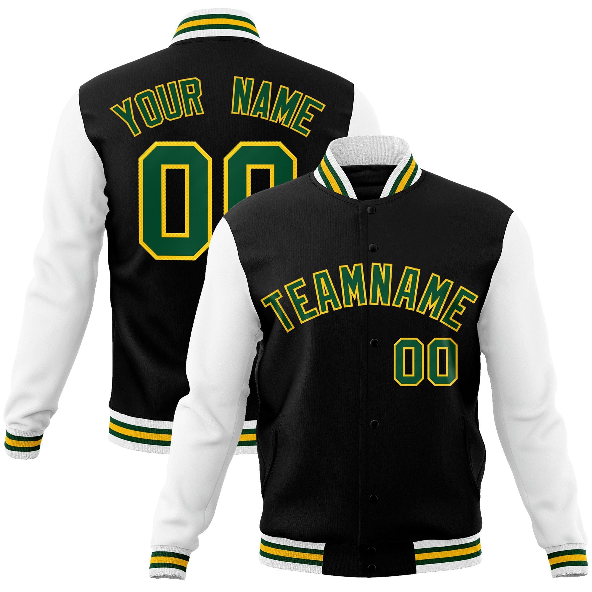 Custom Black Green-Gold Raglan Sleeves Varsity Full-Snap Letterman Jacket