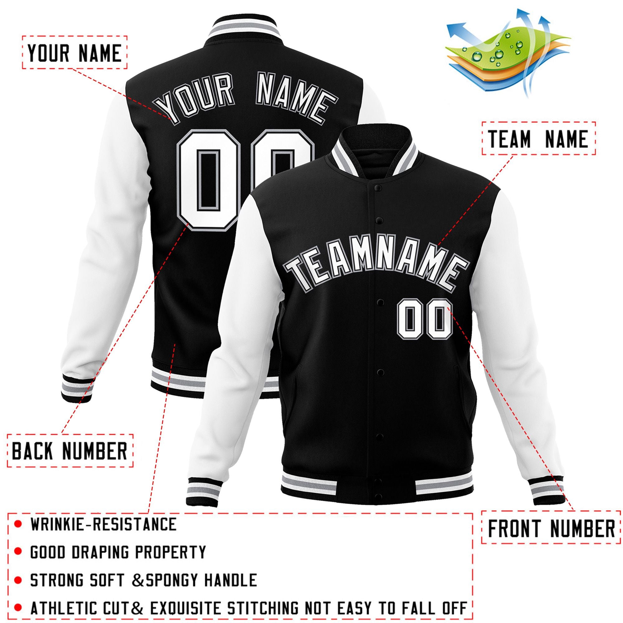 Custom Black White-Black Raglan Sleeves Varsity Full-Snap Letterman Jacket